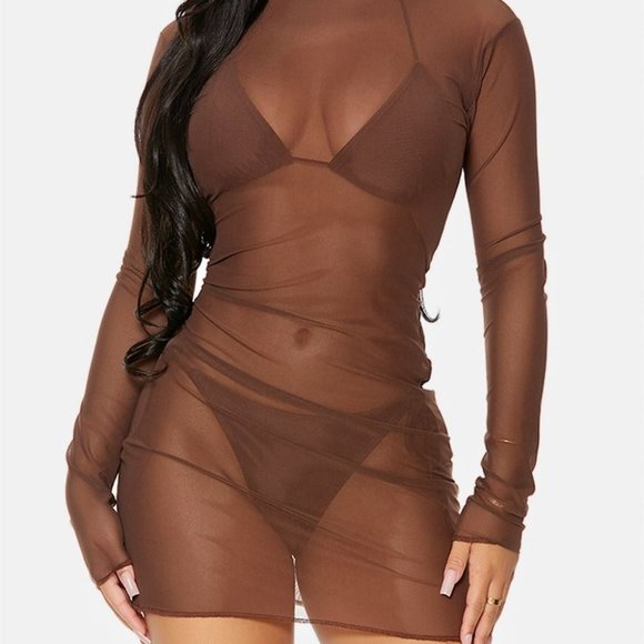 brown Cover Me Long Sleeve Mesh Sheer Pool Swimwear Coverup Mini Dress - Picture 3 of 3